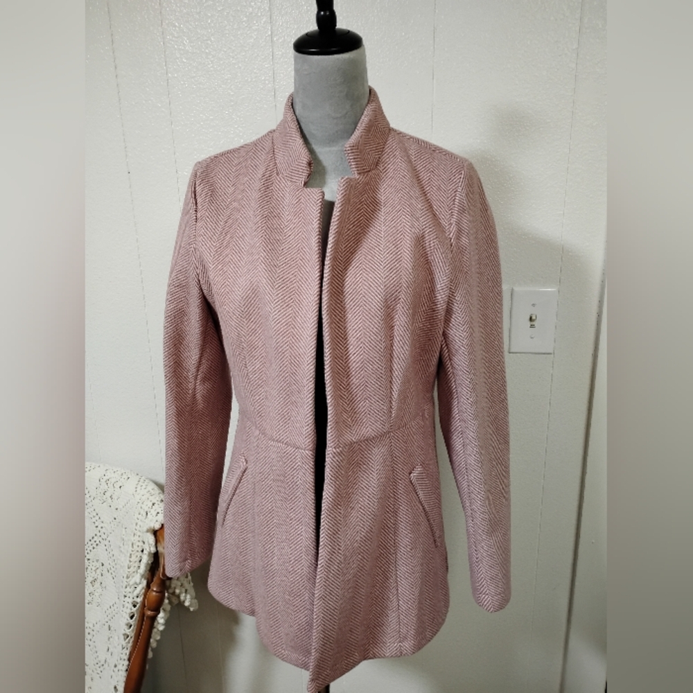 Women's Pink Herringbone Jacket Blazer Cardigan Medium Miss Sparkling Business